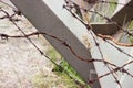 Detail hedgehod anti-tank barrier with barbed wire