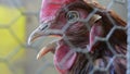 Detail of hen`s head. Hens feed on the traditional rural barnyard. Chickens sitting in henhouse. Closeup shot of chicken`s eyes