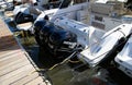 Detail on high powered three engines luxury yacht exposed in palma seaport during the 50th Boatshow fair wide