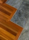 Detail of high quality wood and stone tile floor in contemporary upscale home interior