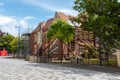 Detail of a historic building after 2011 earthquake, secured from collapsing, Christchurch in New Zealand Royalty Free Stock Photo