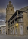 Detail of the historic facade of the collegiate church with a beautiful sunset in Ronda, Malaga, Andalusia, Spain