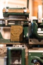 Detail of a historic machine. manchester science and industry museum rust vintage old gear belt sharp focus indoor space for