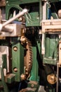 Detail of a historic machine. manchester science and industry museum rust vintage old gear belt sharp focus indoor space for