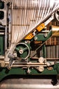 Detail of a historic machine. manchester science and industry museum rust vintage old gear belt sharp focus indoor space for