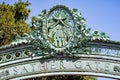 Detail of the historic Sather Gate on the campus of the University of California at Berkeley is a prominenet landmark leading to