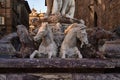 Detail of horses of the Neptune fountain, in Florence, Italy at dusk.