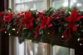 Detail house decorated with artificial holly poinsettia flower, burlap bow, christmas tree and golden lights garland Royalty Free Stock Photo