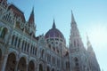Detail of hungarian parliament building in Budapest with sun rays to the camera Royalty Free Stock Photo