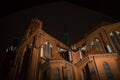 Illuminated Bialystok cathedral, night view, Poland. Tourists landmark