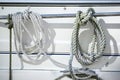 Detail image of ropes and cleats on yacht sailboat Royalty Free Stock Photo