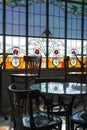 Detail of the interior of a modernist cafeteria