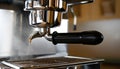 Detail of Italian espresso maker. Coffe machine in steam. Barista preparing coffe. Professional coffee brewing