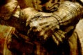 Detail knight armor. Gloves of a knight. Sepia effect.