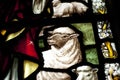 Detail of a lamb in a stained glass window in Crowland Abbey, Cr