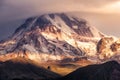 Detail landscape view of Mt Kazbeg at sunrise, Georgia