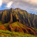 Detail landscape view of Na Pali rugged weathered cliffs, Kauai, Hawaii