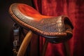 detail of a leather saddle on a wooden horse stand