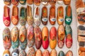 detail of leather shoes in the old covered suq in Hawna as Suq