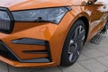 Detail of left side and headlight on front mask on Czech battery electric compact crossover SUV Skoda Enyaq RS iV