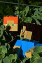 Detail of LEGO Minecraft large action figures of Steve and Alex walking through dense foliage of decorative succulent plant