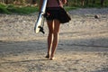 Detail of the legs of a young surfer girl walking on the beach