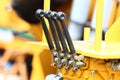 Detail of levers on new tractor industrial detail Royalty Free Stock Photo