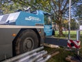 Detail of Liebherr crane car of Straub company which provides reconstruction of balconies and facades with equipment