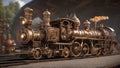 detail of a locomotive steampunk train that creates the music and the art on a colorful and musical railway.