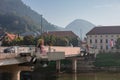 Detail of the main bridge in Lasko, Slovenia, part of lower styria, covered in early morning sun. looking towards the historical