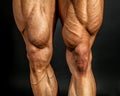 Detail of male bodybuilder front leg muscles on black background Royalty Free Stock Photo