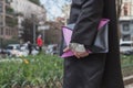 Detail of a man with bag outside Anteprima fashion show building Royalty Free Stock Photo