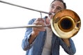 Detail of man playing trombone with white isolated background Royalty Free Stock Photo