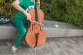 Detail of a man playing the wooden cello rubbing the strings with the bow to get the notes of a classical music piece