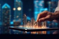 Detail of A man using digital tablet with a modern buildings hologram on it. Real estate business and building technology concept Royalty Free Stock Photo