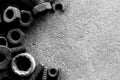 Many rust steel on cement ground in black and white photography Royalty Free Stock Photo