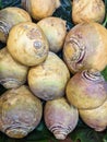 Detail of many Swedes Vegetables in Shop Royalty Free Stock Photo