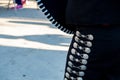 Detail of mariachi pants with ornaments while playing on a stage