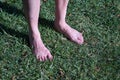 Detail of mature adult man`s bare feet on a park lawn to alleviate his blood circulation problems Royalty Free Stock Photo