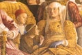 Detail of medieval italian illustration showing noble woman with kids in a party