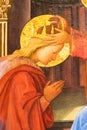 Detail of medieval painting portraiting the profile of a catholic saint in gold