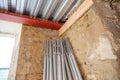 Detail of Metal decking sheet and iron beam on construction site. Floor decking