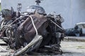 Detail of the Mi-24 helicopter. Remains of a destroyed Russian Air Force combat helicopter Hind Crocodile. Engine rotor, blades, Royalty Free Stock Photo