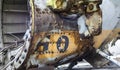 Detail of the Mi-24 helicopter. Remains of a destroyed Russian Air Force combat helicopter Hind Crocodile. Engine rotor, blades,