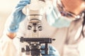 Detail of a microscope used by medical researcher in race to find cure for the Covid-19 disease Royalty Free Stock Photo