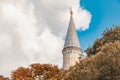 Closeup photo of the minaret of Suleymaniye Mosque | Suleymaniye Camii in front of cloudy blue sky Royalty Free Stock Photo