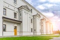 Detail of modern residential flat apartment building exterior. Fragment of new luxury house and home complex. Yellow sunlight. Royalty Free Stock Photo