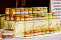 Detail of the mustard stand at the farmers` market in Hodonin in South Moravia