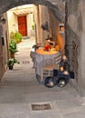 Detail of narrow street with arch and steps in old historic alley in the medieval City of Cortona near city of Arezzo