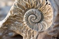 detail of nautilus shell fossil in a rock matrix